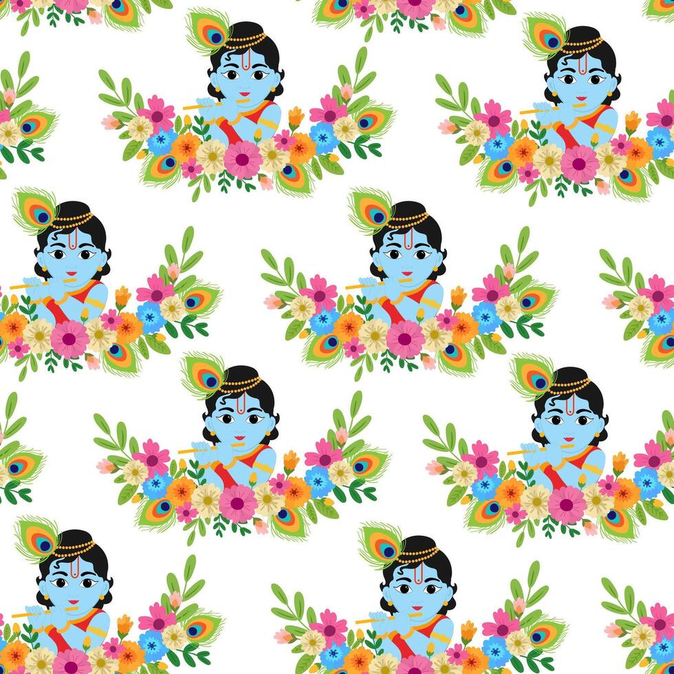 charming krishna janmashtami seamless background featuring lord krishna with his flute and decorative flower elements ideal for festive and religious themes vector