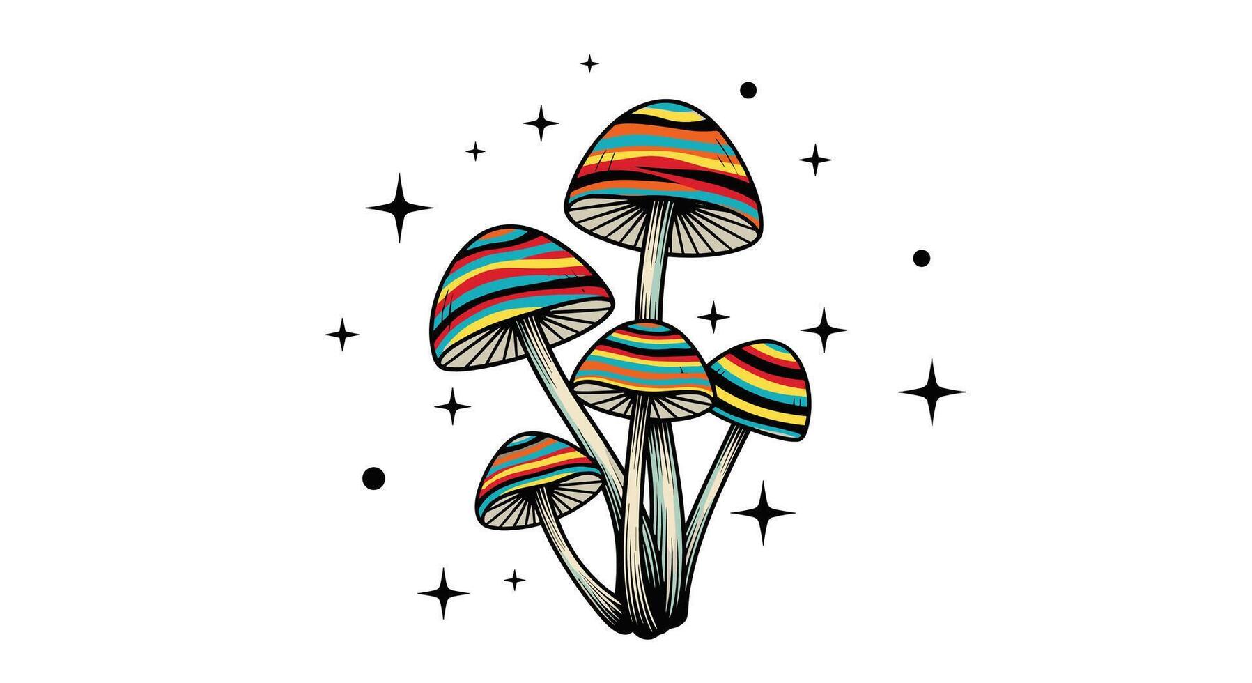 Illustrated Fungi With Vibrant Stripes Growing Together In a Magical and Playful Manner vector