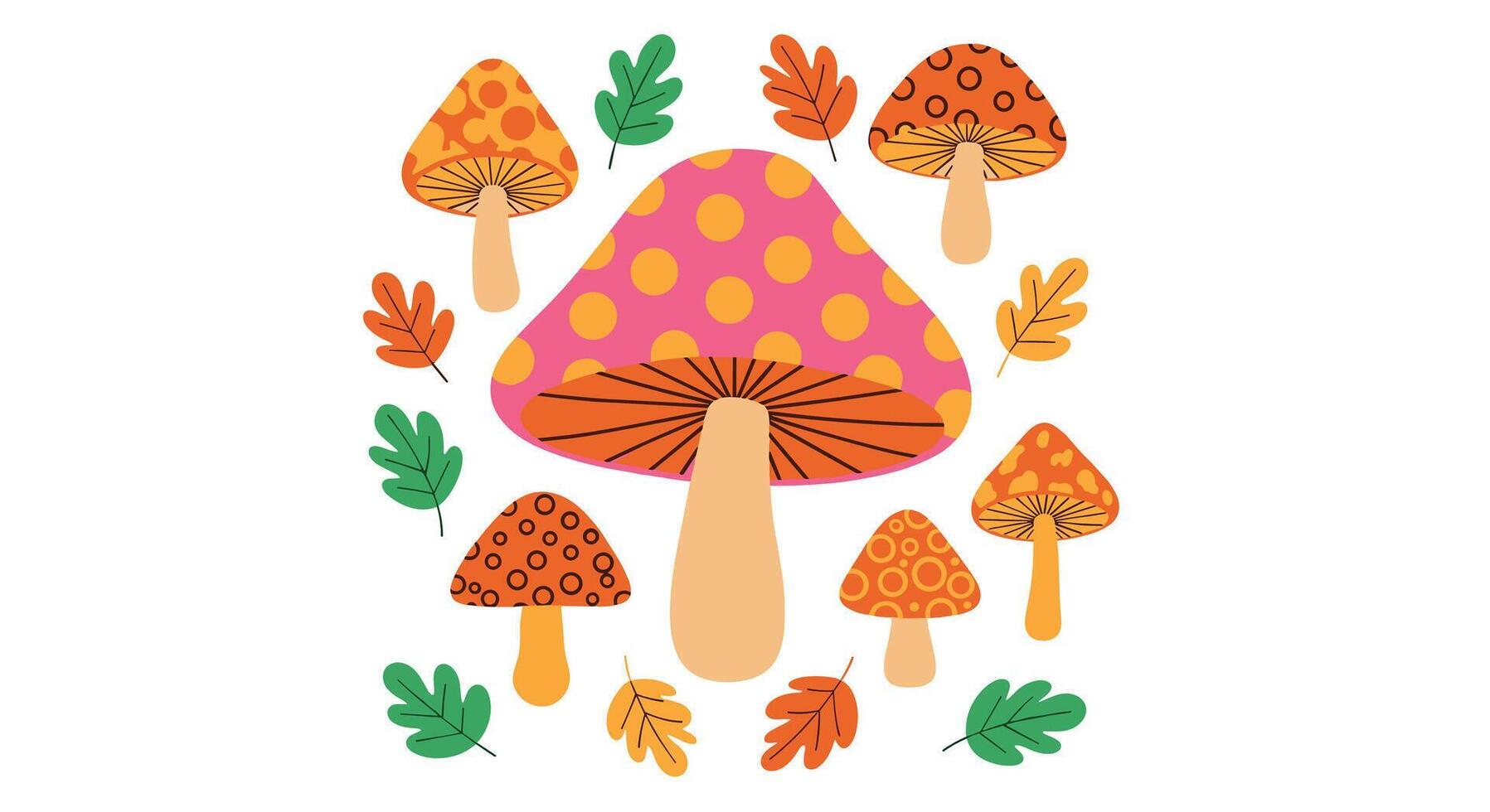 A Colorful Array of Cartoon Mushrooms Surrounded by Leaves For Autumn Season vector