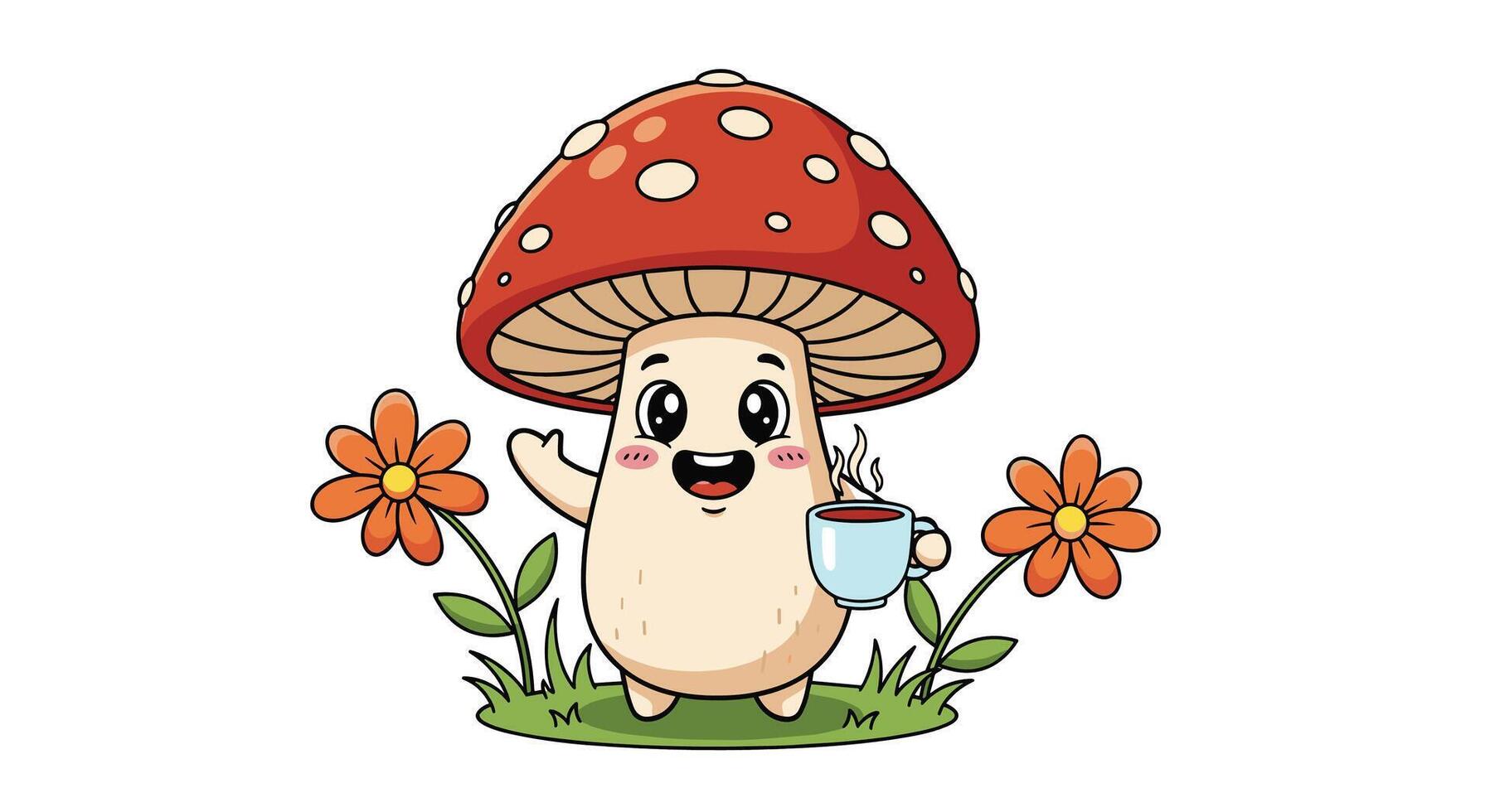 Cheerful Mushroom Character Enjoying a Cup of Coffee Surrounded by Flowers in a Garden vector