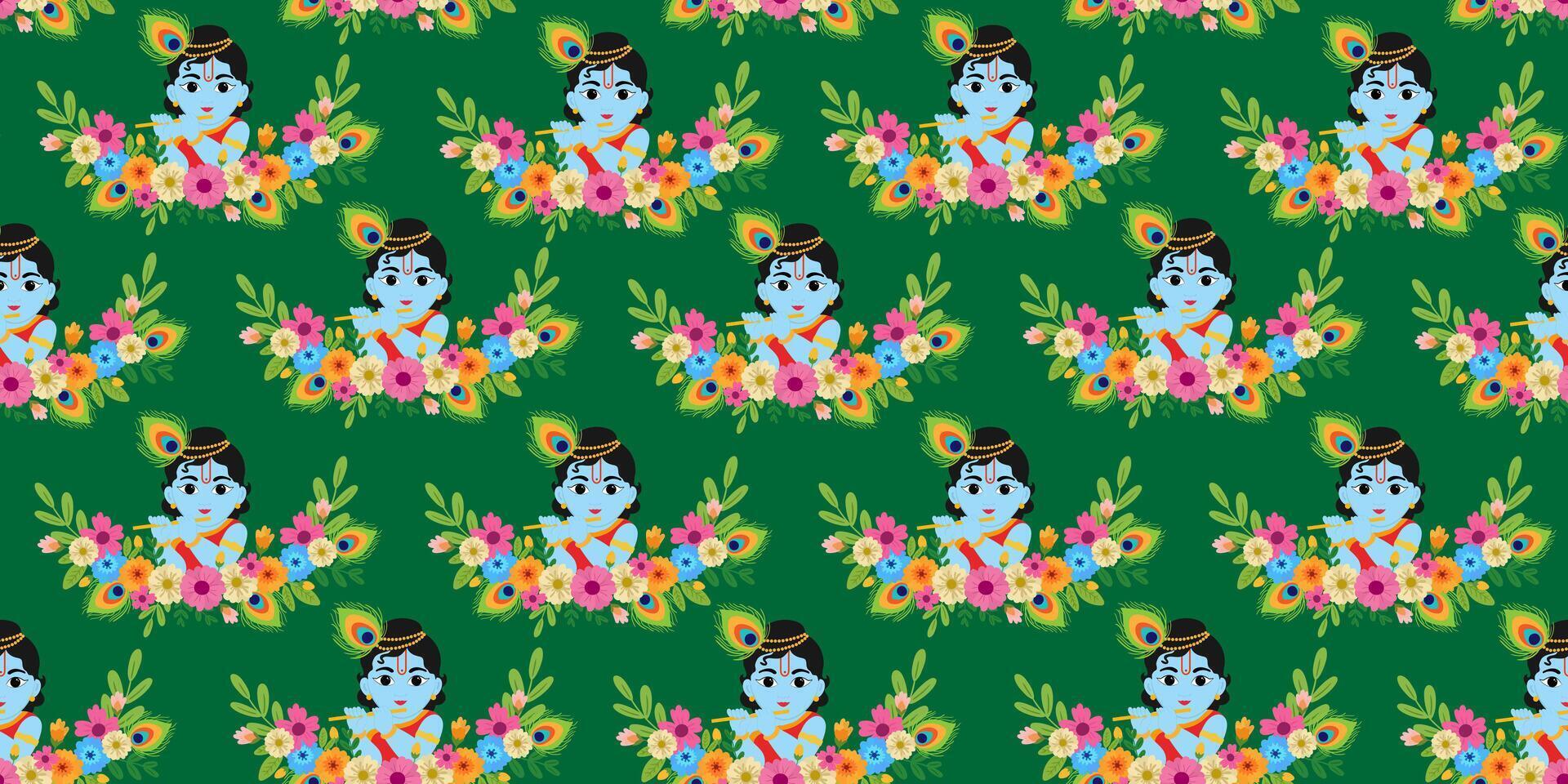 Mobileseamless pattern with baby krishna playing flute surrounded by colorful flowers and peacock feathers on a vibrant green background for janmashtami celebration vector