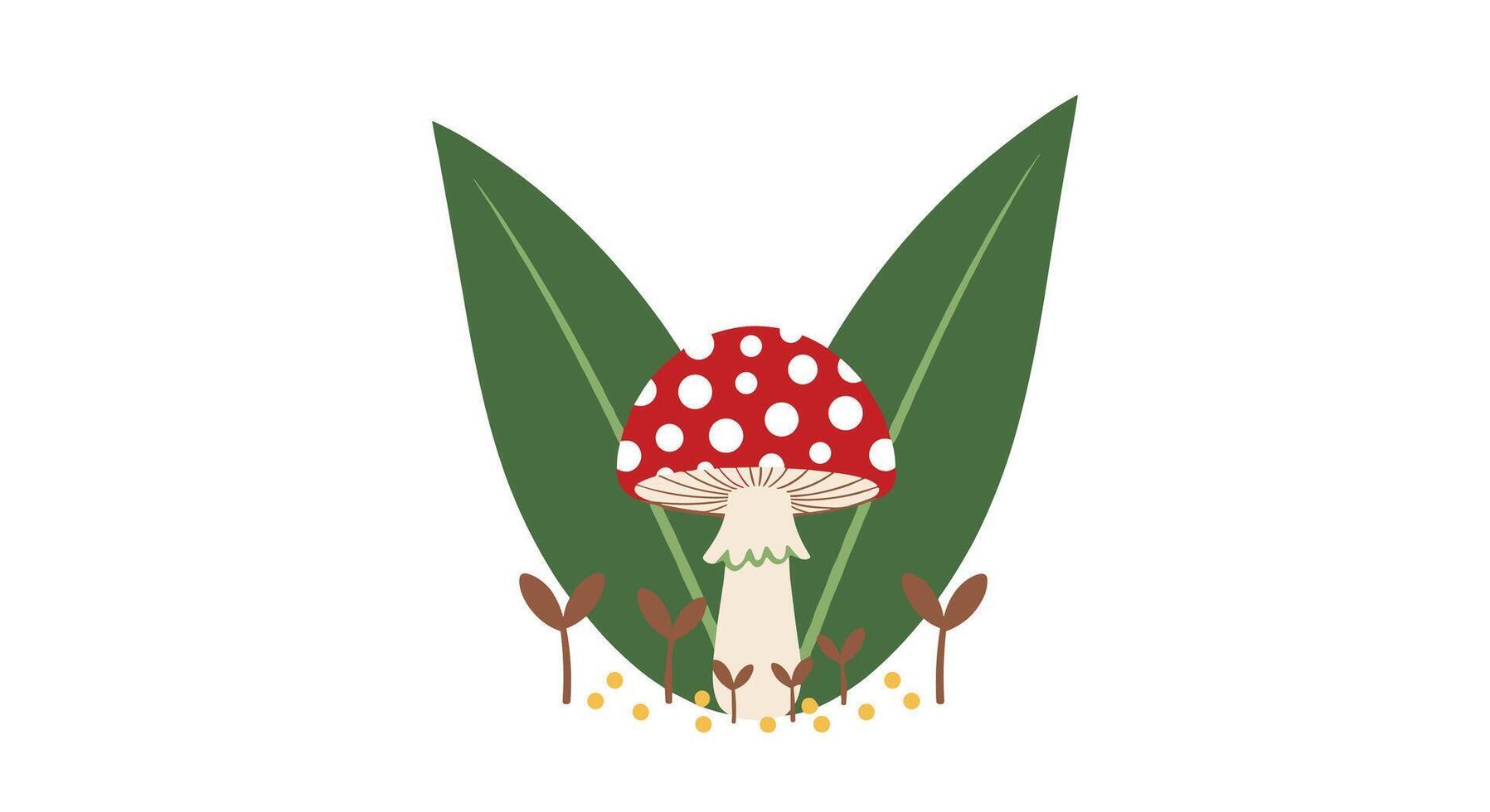 A Detailed Illustration of a Red Mushroom with White Spots Surrounded by Foliage vector