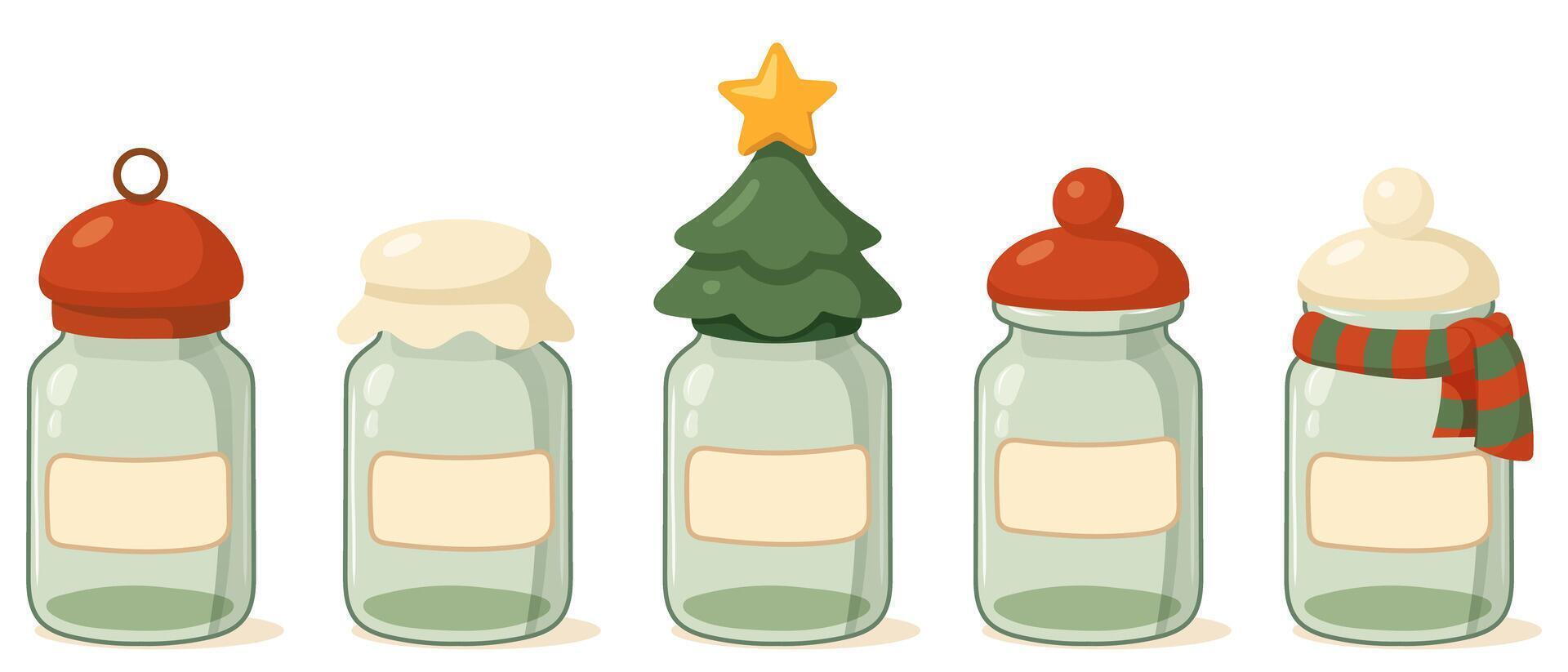 Empty Christmas spice jars with festive lids vector