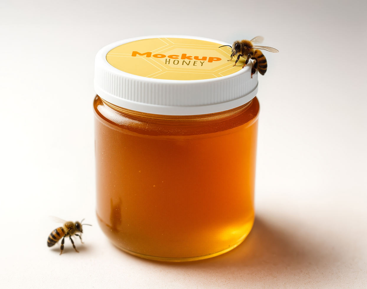 mockup of plastic honey pot with flying bees psd