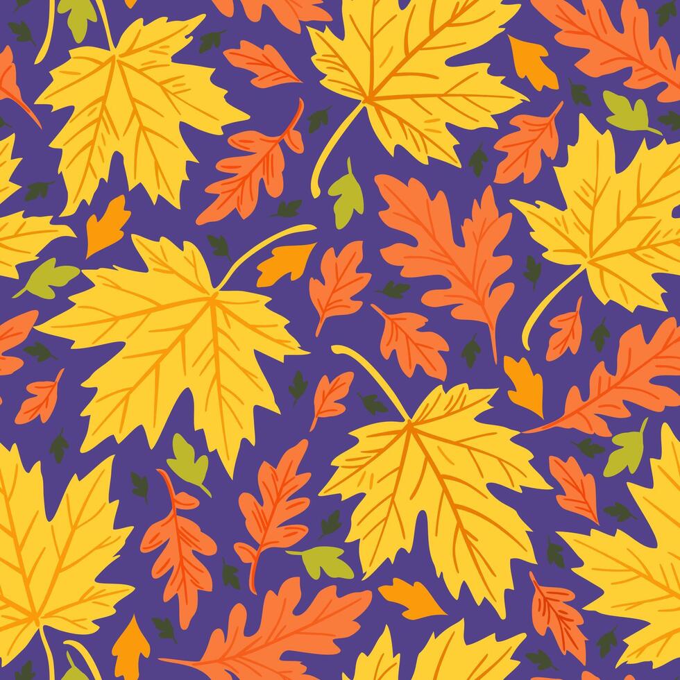 Bright seamless pattern with autumn leaves on blue background vector
