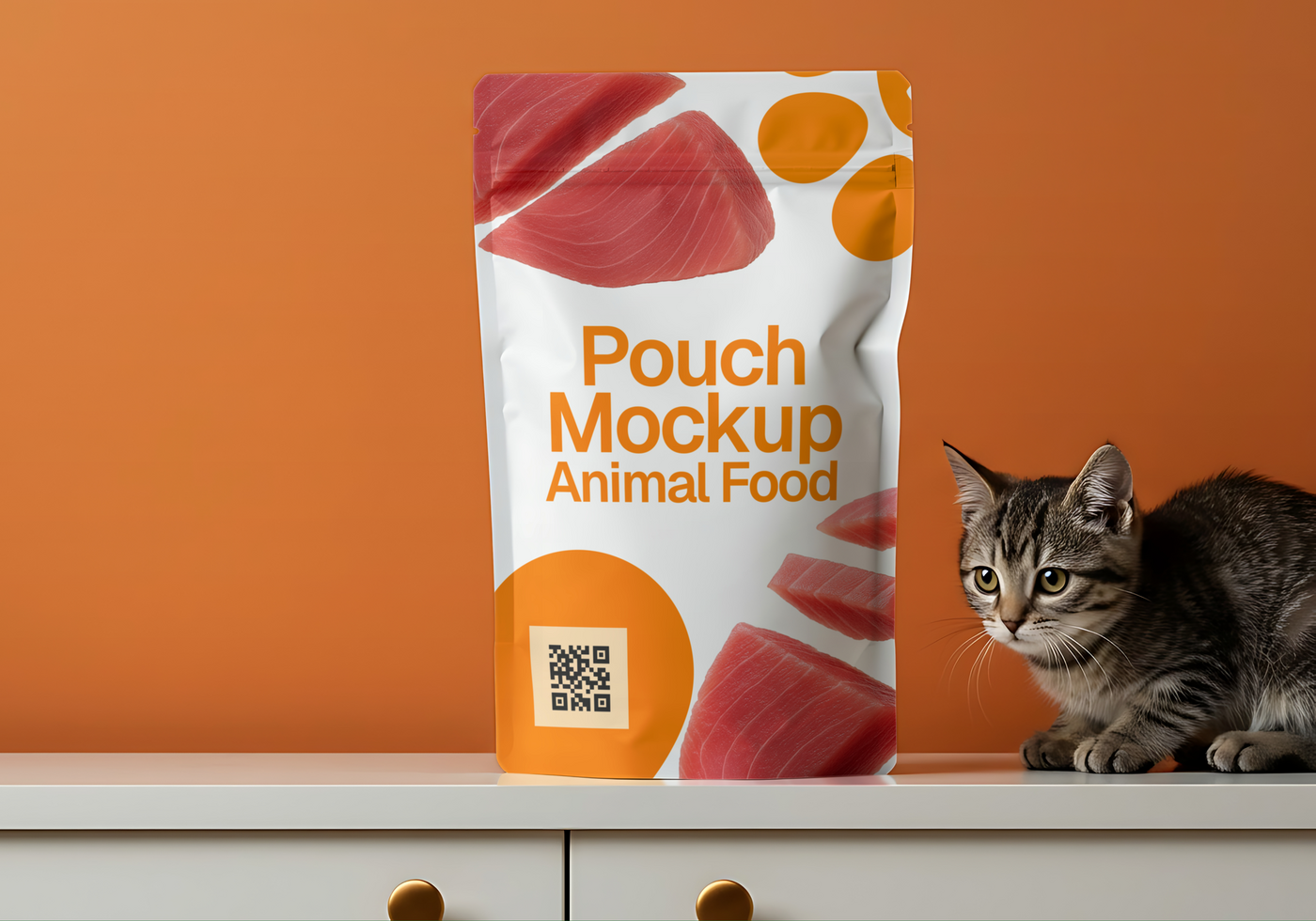 Cat Food Pouch Mockup with a Cat and Tuna Slices psd