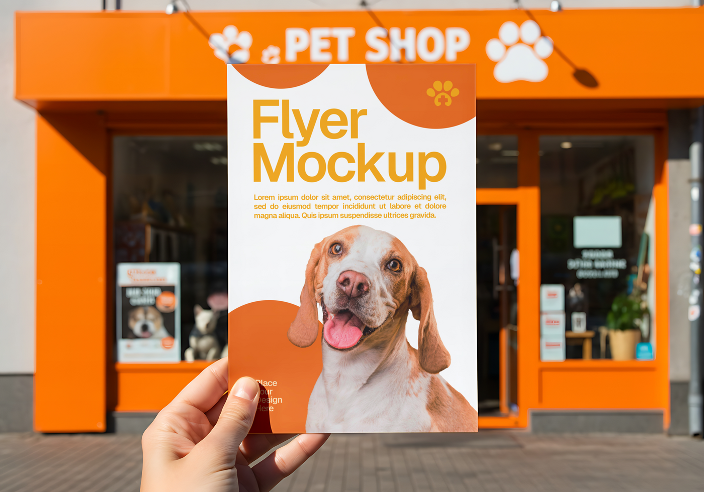 Flyer Mockup in Front of a Pet Shop with a Dog psd