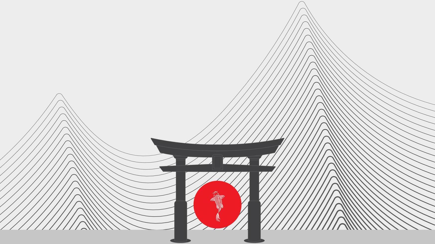 Minimalist Japanese Torii Gate with Wave Line Mountains for Zen Background Design vector