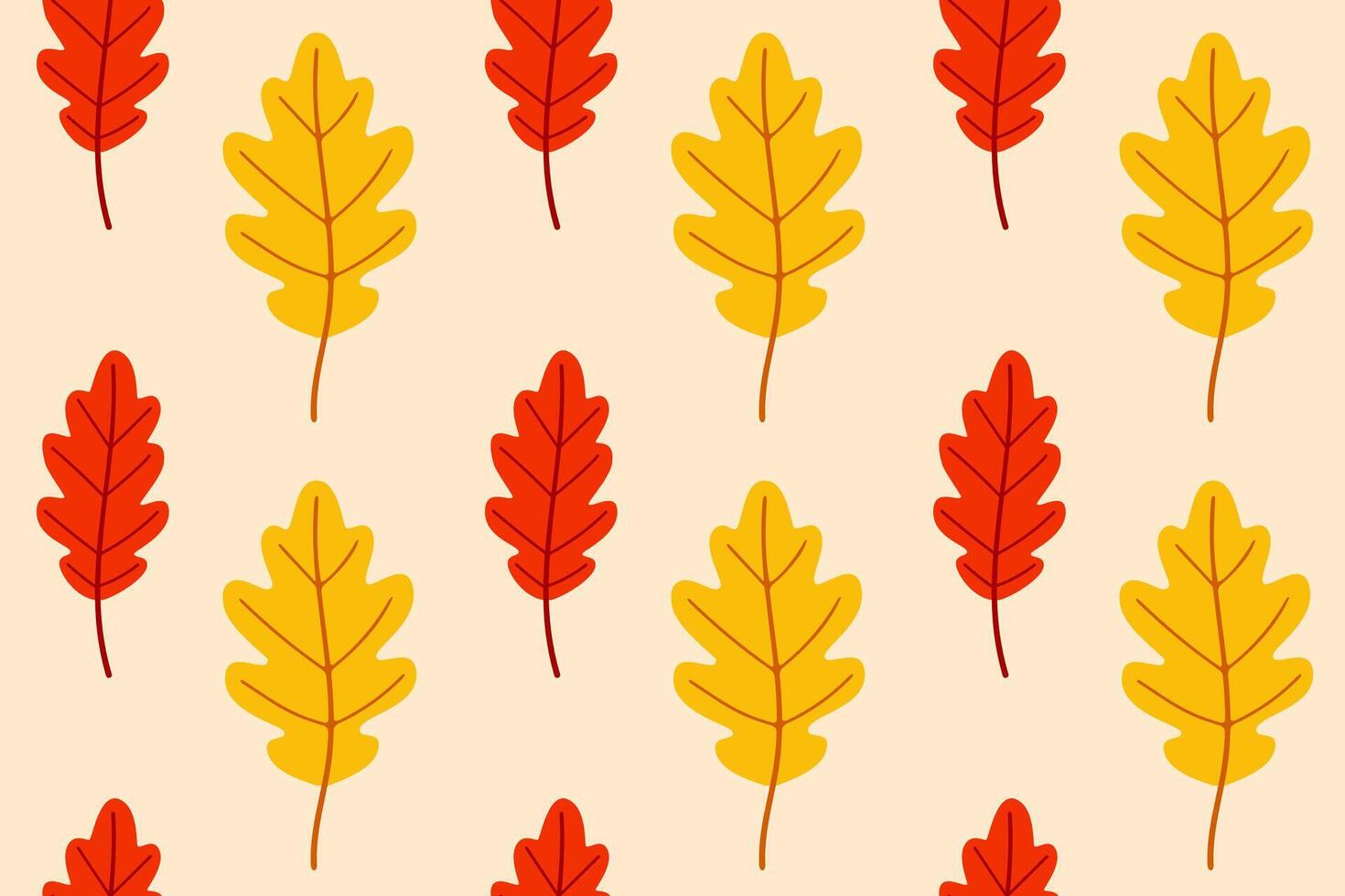 Seamless pattern with oak leaves in yellow, red, and orange shades on cream background. Perfect for seasonal wrapping, print design, and autumn decor vector