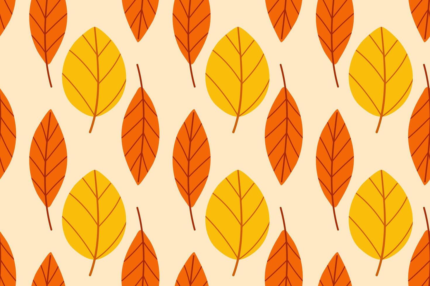 Repeating pattern of autumn leaves in orange and yellow colors on warm beige background. Suitable for seasonal prints, fabric, packaging, and wrapping design vector