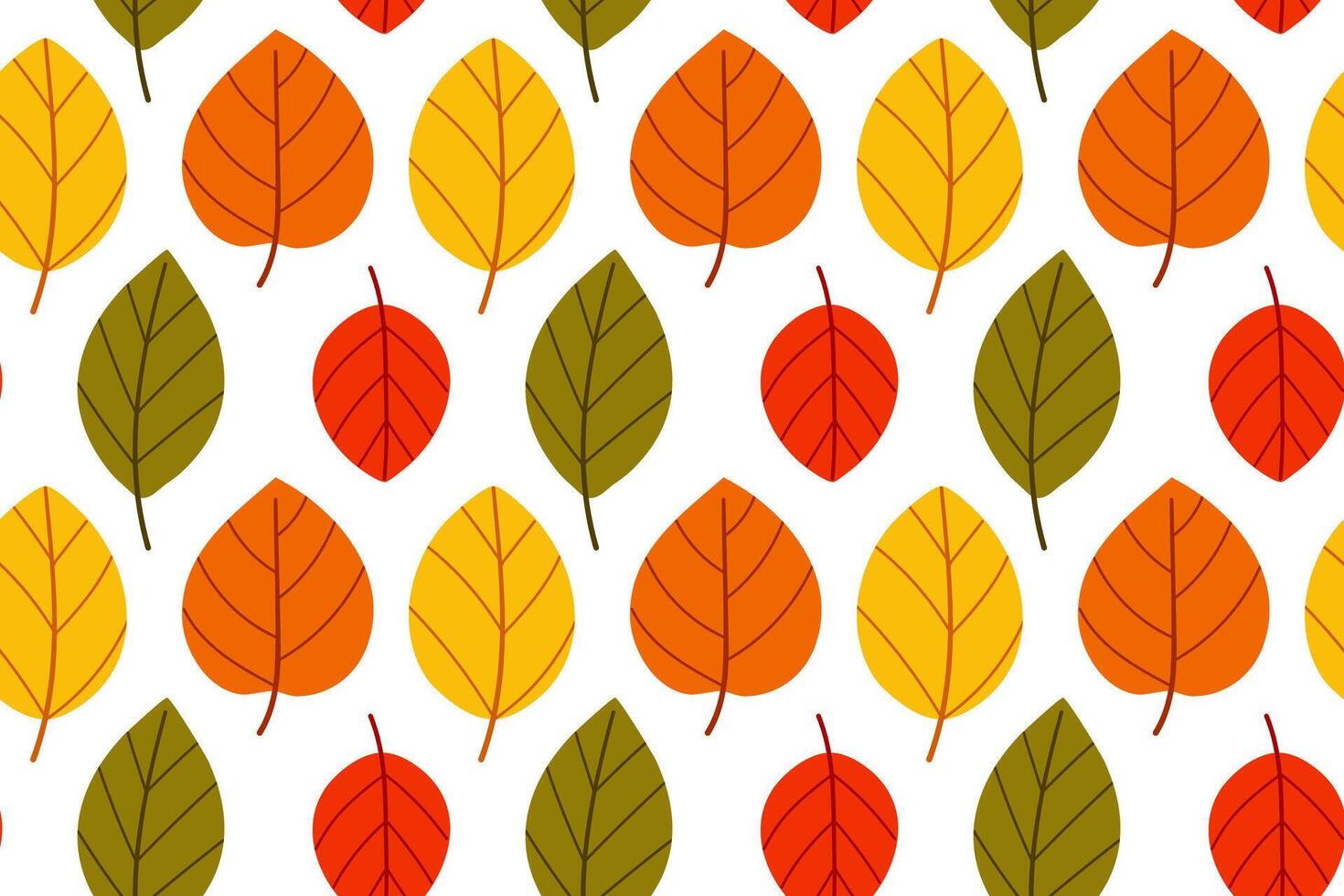 Bright autumn pattern with assorted fall leaves in red, orange, yellow, and green on white background. Ideal for seasonal prints and packaging vector