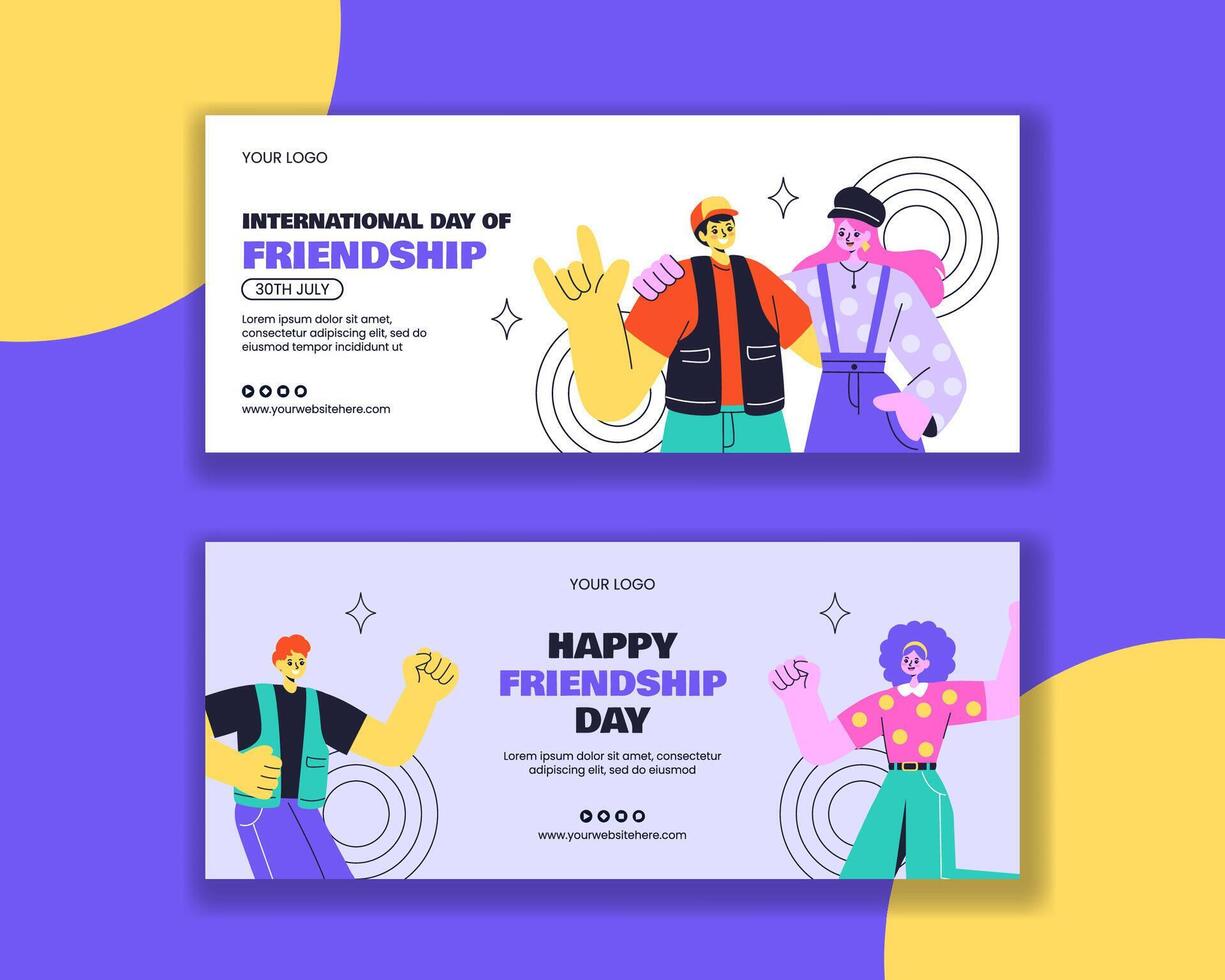 Flat Cartoon Background Illustration for Happy Friendship Day Horizontal Banner Template vector