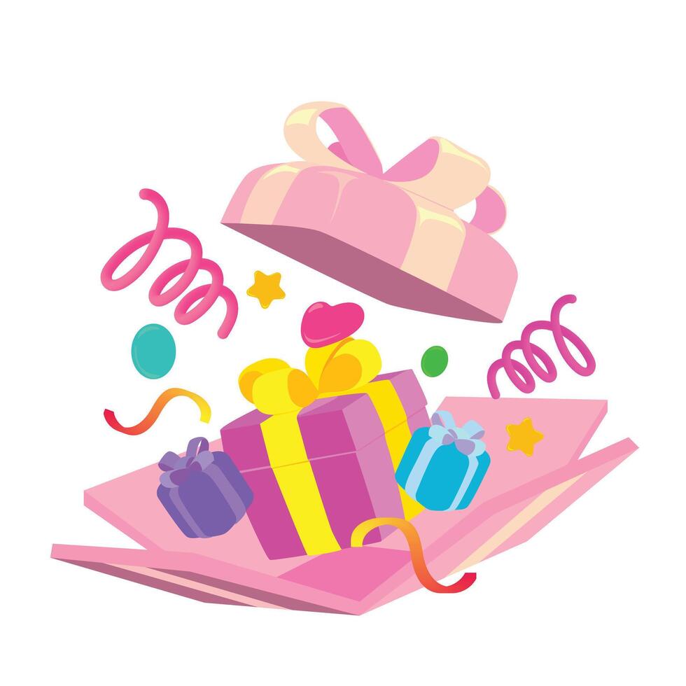 illustration of an open pink gift box with yellow ribbon and smaller colorful gifts inside. Surrounded by confetti, swirls, and fun festive elements in a cheerful flat cartoon design. vector