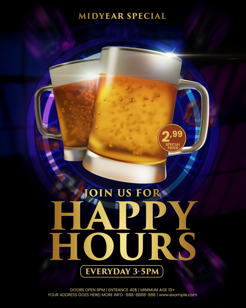 Dark Blue Elegant Join Us For Happy Hours Promotion psd