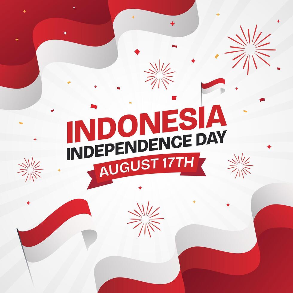 Happy Indonesia Independence Day August 17th with waving flag ribbon and fireworks on sunburst background vector
