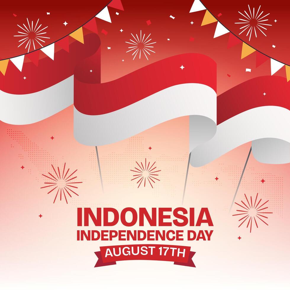 Happy Indonesia Independence Day August 17th with waving flag ribbon and fireworks on dotted map background vector