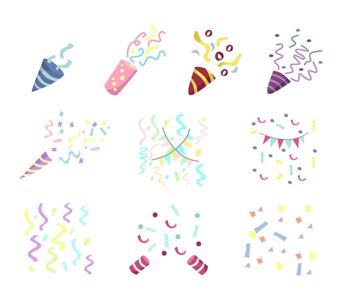 A vibrant set of colorful confetti decorations, perfect for birthday parties, festive celebrations, invitations, and joyful event designs. vector