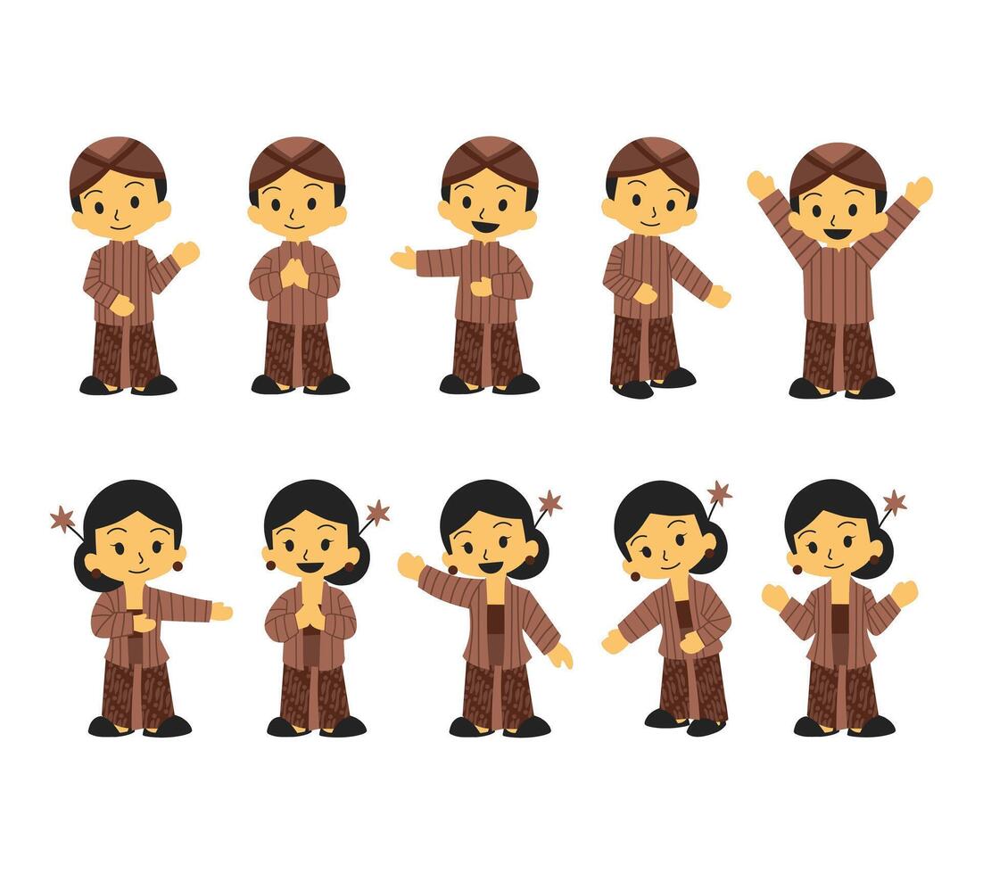 An illustration set of characters wearing Javanese traditional outfits in various poses, perfect for cultural themes, educational content, and Indonesian heritage projects. vector