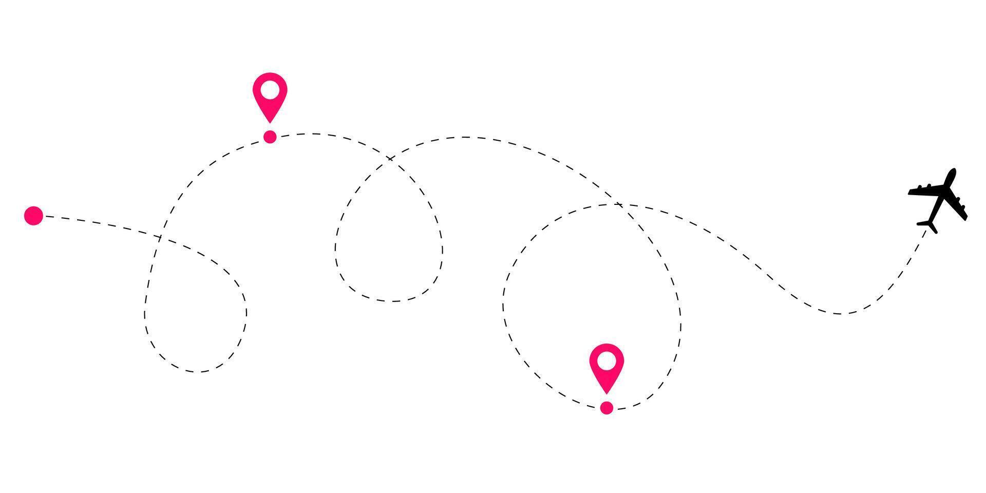 Airplane flight path illustrations with curved dashed lines and dotted tracking routes for aircraft travel concept maps and air navigation themed design elements for global routes vector