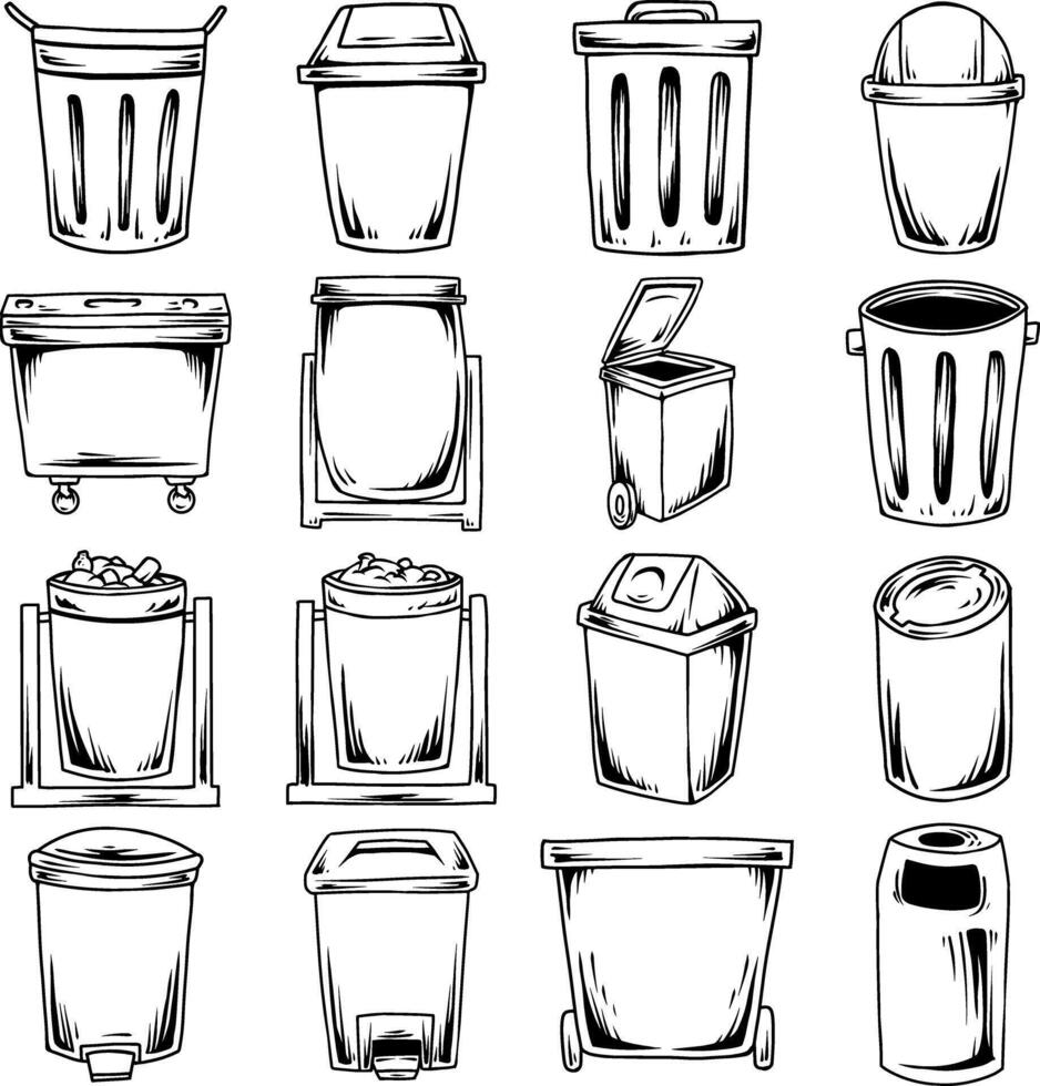 Various Trash Cans Line Art Set vector