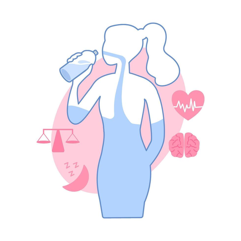 Woman drinking water for hydration, health and self care. Flat illustration wellness concept with brain, heart and sleep icons. Isolate on a white background. vector