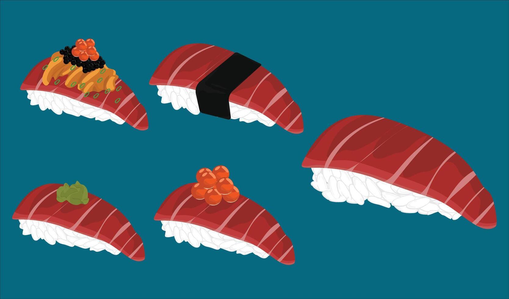 Assorted Tuna Sushi with Nori, Wasabi, Ikura and Traditional Japanese Garnishes vector