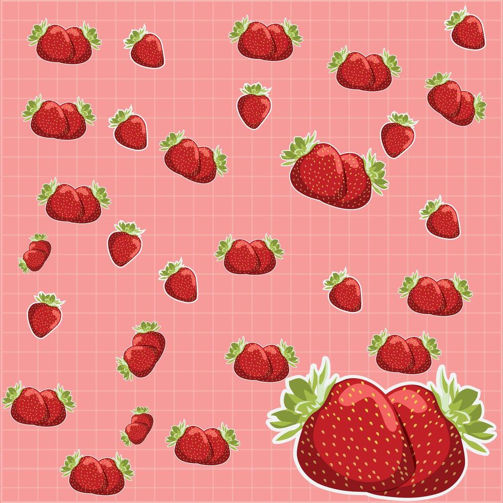 Seamless Strawberry Pattern on Pink Grid Background Cute Fruit Illustration vector