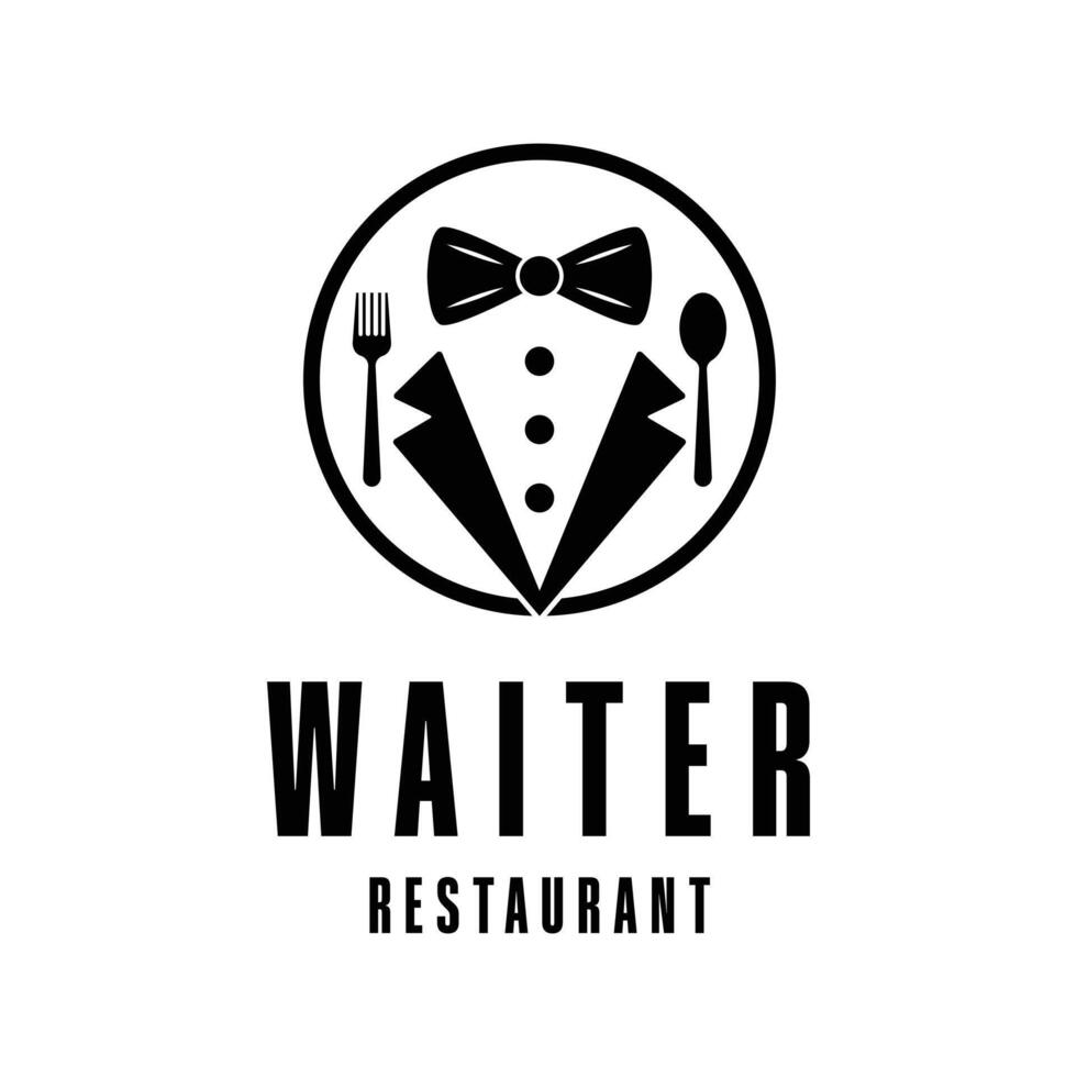 waiter restaurant logo design concept with bow tie, spoon and fork vector