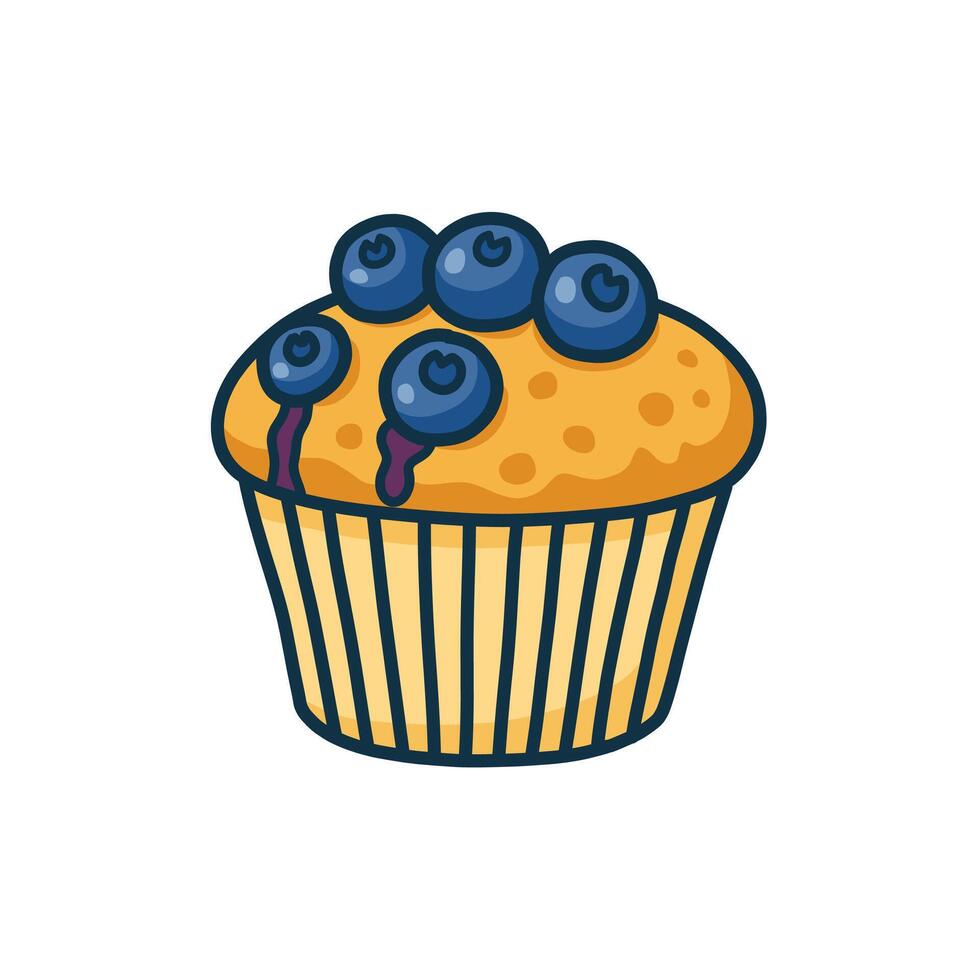 Cartoon Blueberry Muffin with Drizzled Glaze and Dark Blue Outline vector
