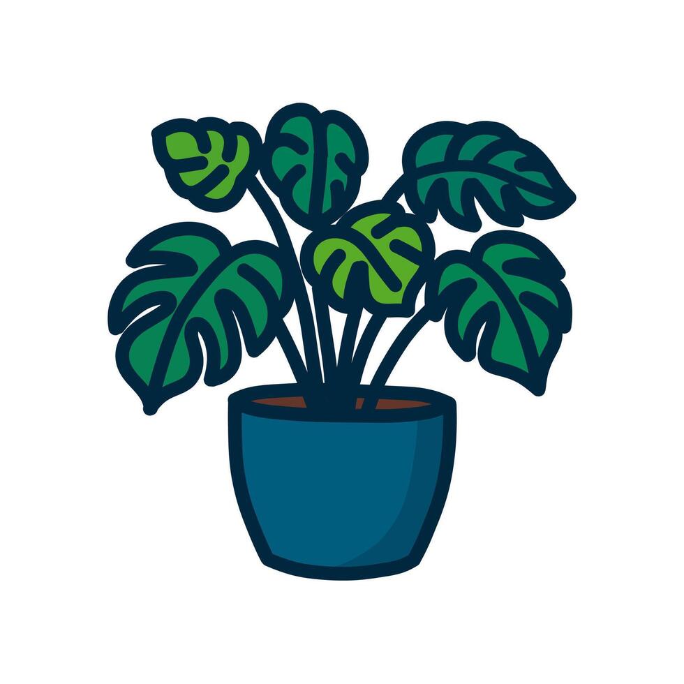 Stylized Monstera Plant in Blue Pot with Bold Outline on White Background vector