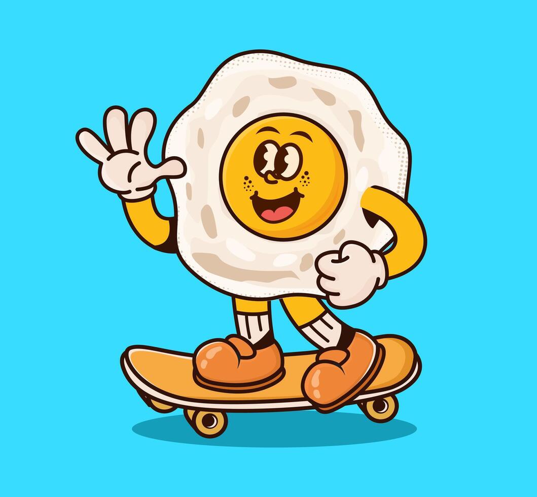 Cute retro fried egg cartoon character in a cheerful and playful style. Hand drawn food mascot perfect for breakfast theme design, sticker, poster, and logo vector
