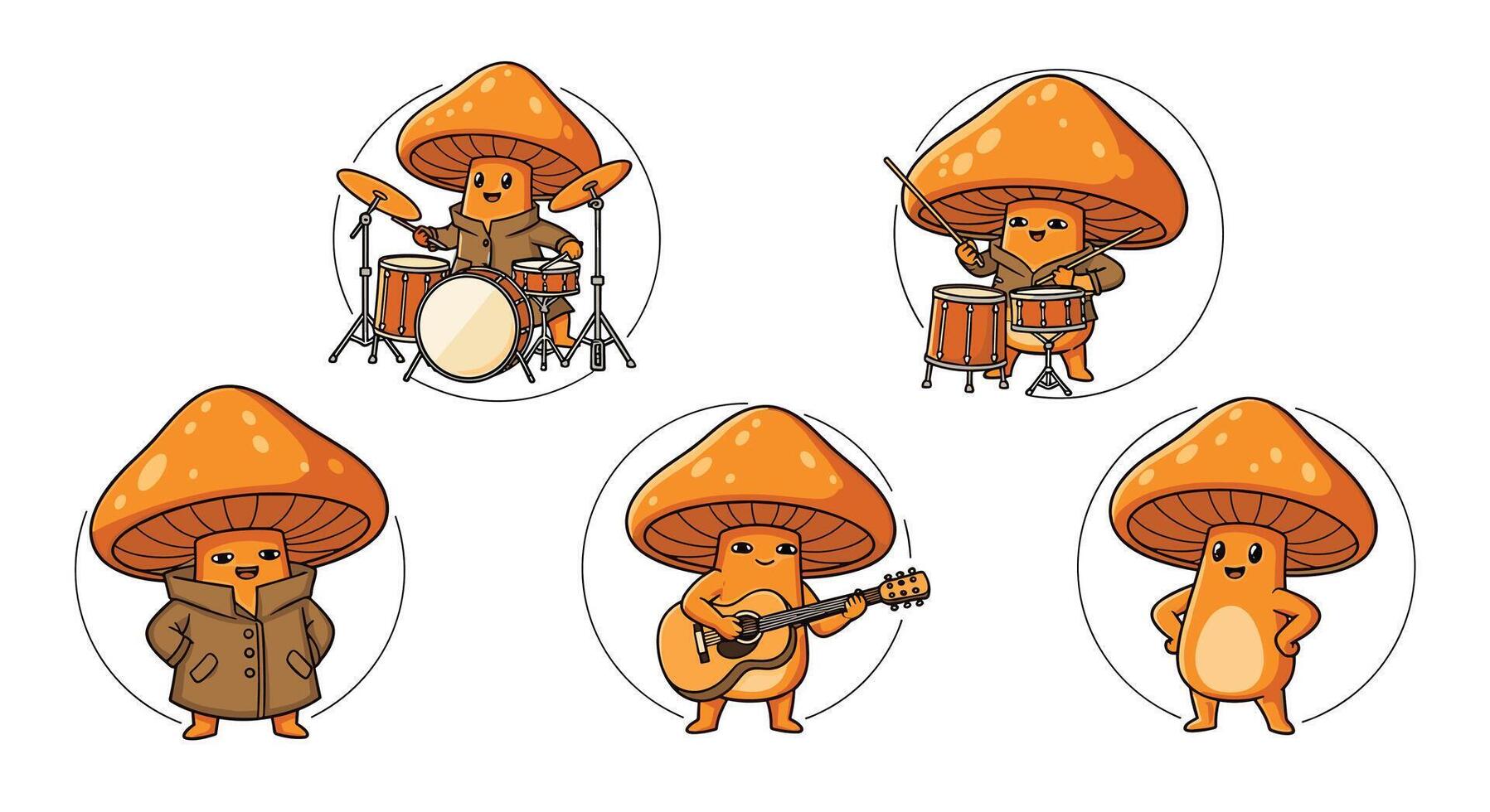 A set of mushroom characters with different instruments vector