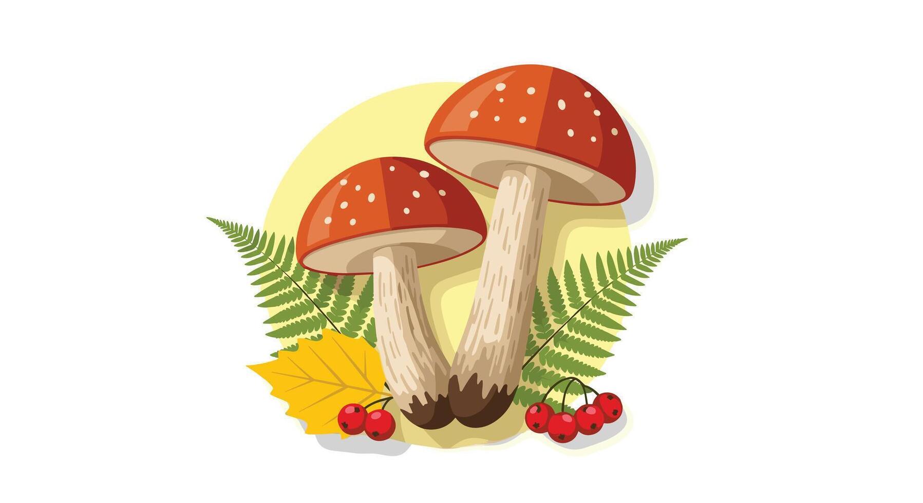 Two mushrooms with leaves and berries on a white background vector