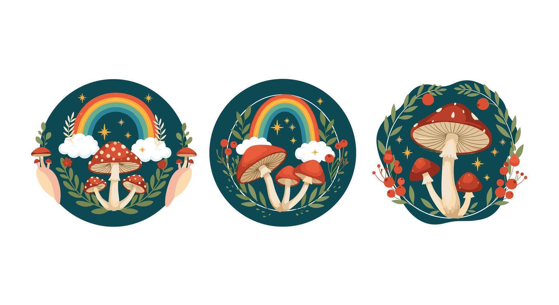 Three different mushrooms with a rainbow and a rainbow vector
