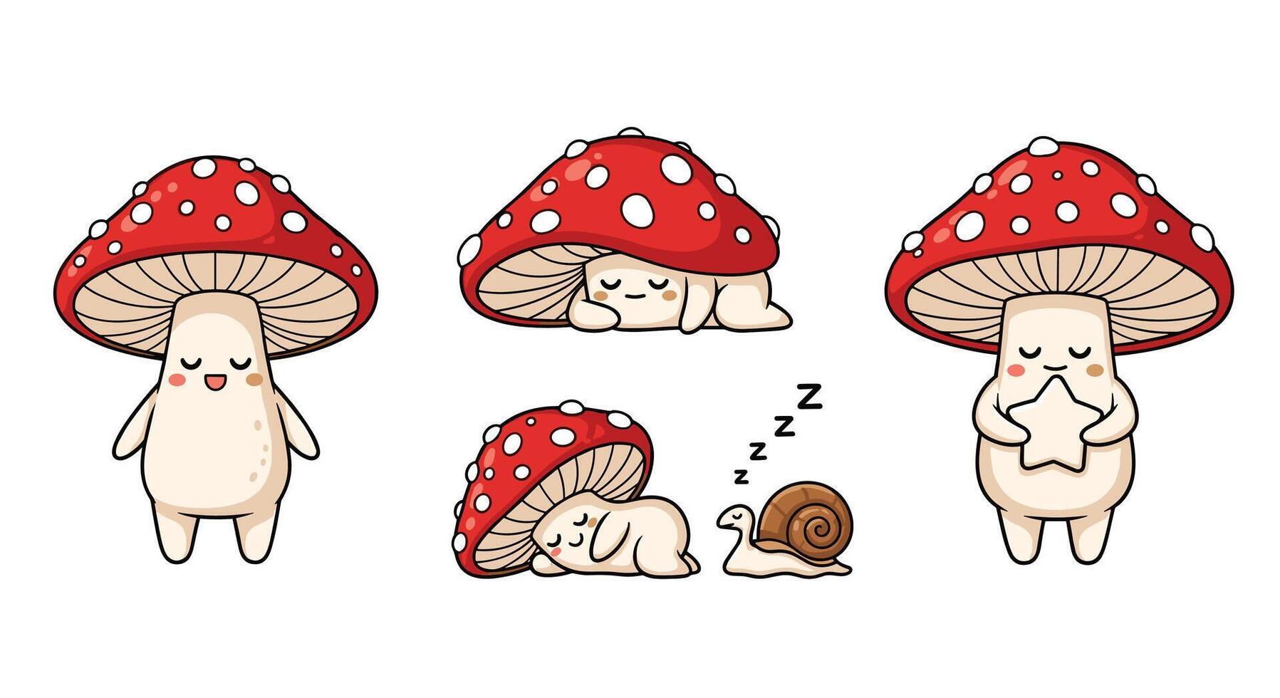 A cartoon mushroom with four different poses vector