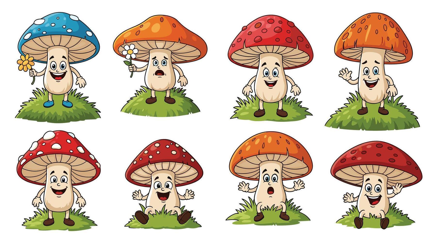 Cartoon mushrooms set with different poses and expressions vector