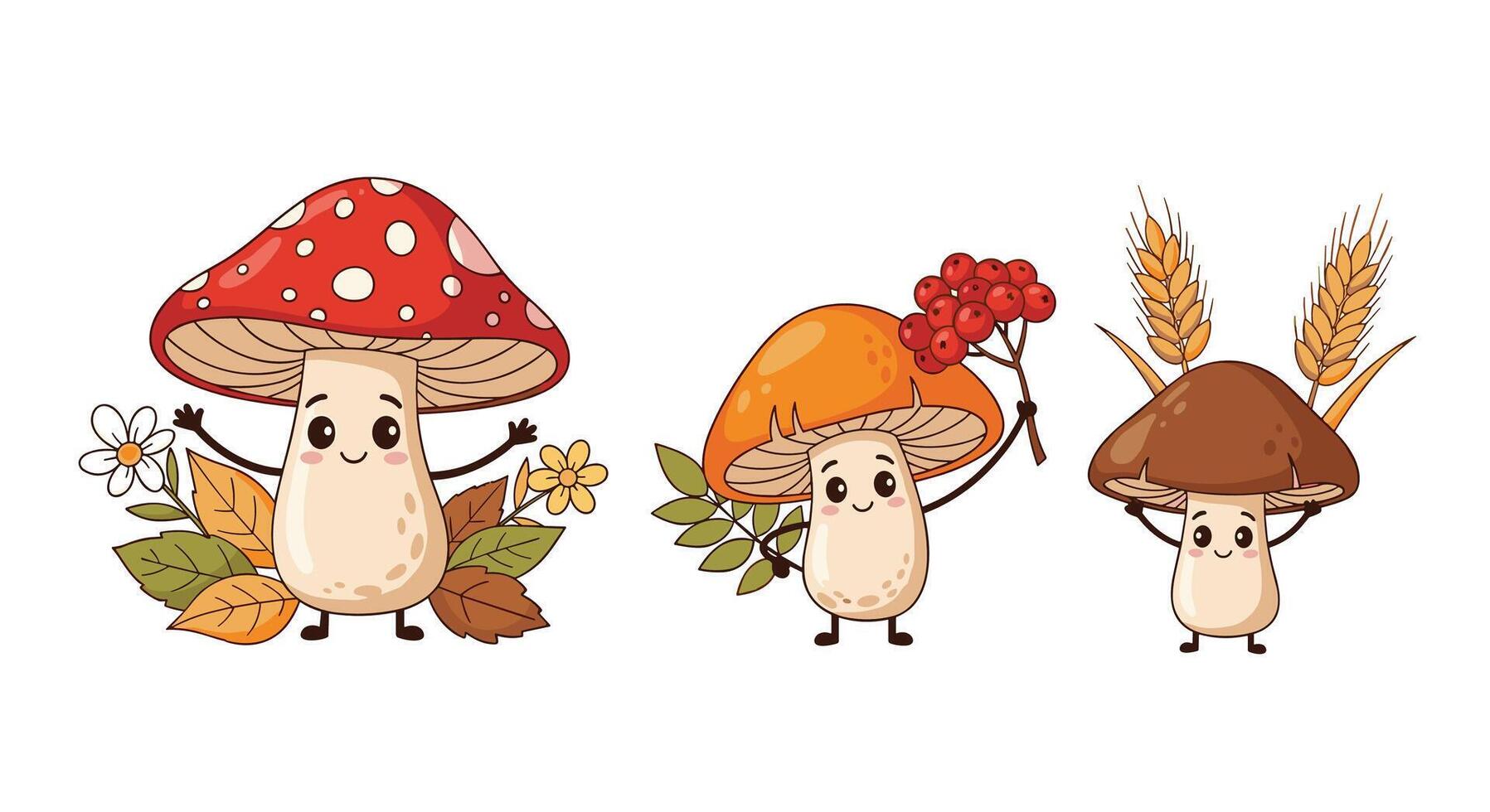 Mushrooms with flowers and wheat vector