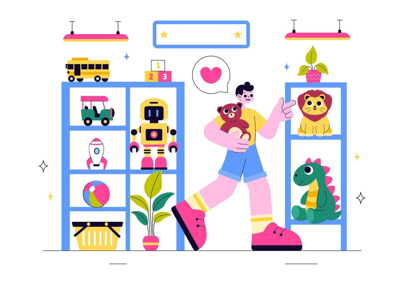 Toy Store Scene Featuring Teddy Bear, Rocket, Kite, and Toy Car in a Flat Cartoon Background vector