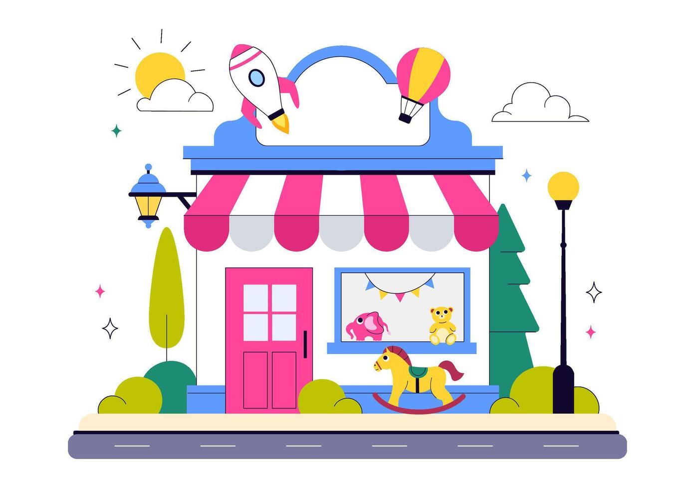 Toy Shop Illustration Featuring Colorful Toys and Games for Happy Kids in Flat Style vector