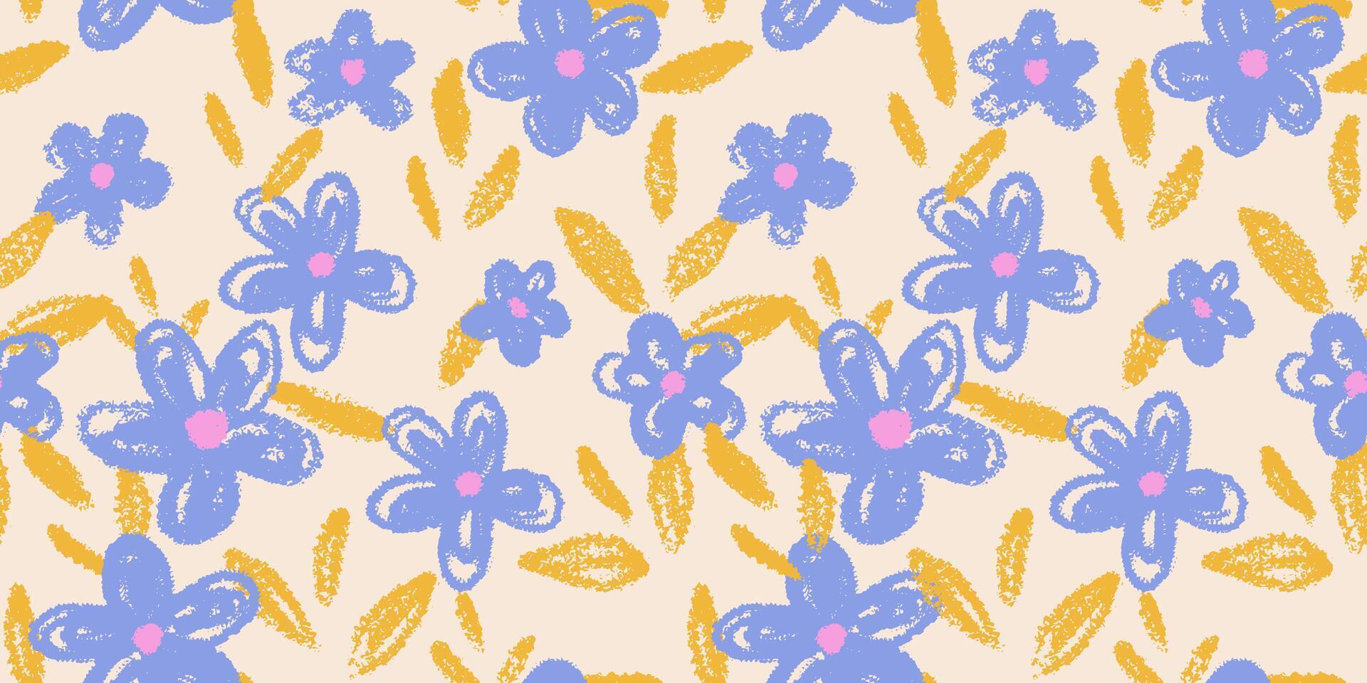 Playful seamless pattern with hand drawn blue flowers and yellow leaves on a light background. Cheerful design for kids textiles, wrapping paper, summer or spring decor vector