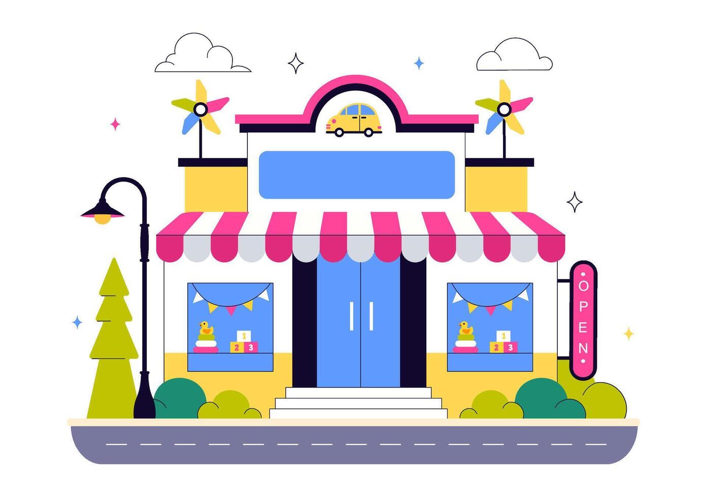 Illustration of Toy Store Displaying Trains, Kites, Rockets, and More in a Happy Kids Background vector