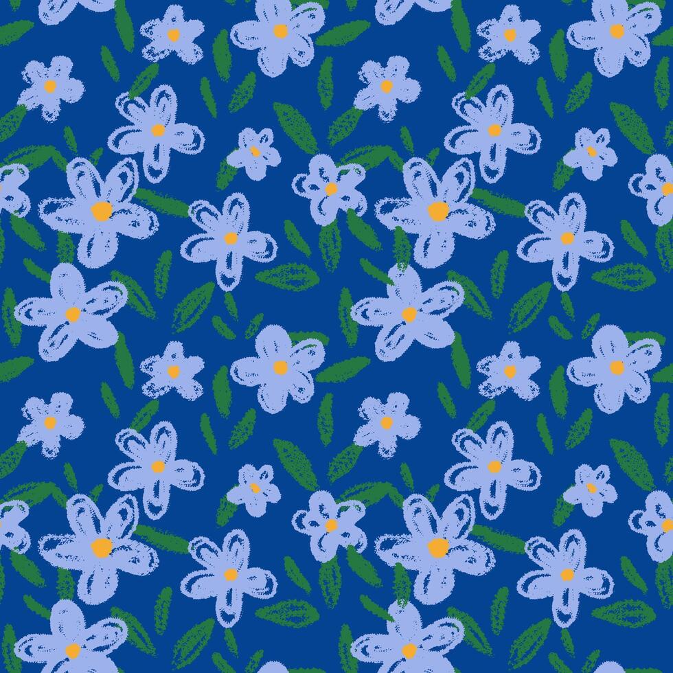 Seamless pattern with hand drawn blue flowers and green leaves on a deep navy background. Crayon texture gives a playful and cheerful feel. Template for kids design, fabric, stationery vector