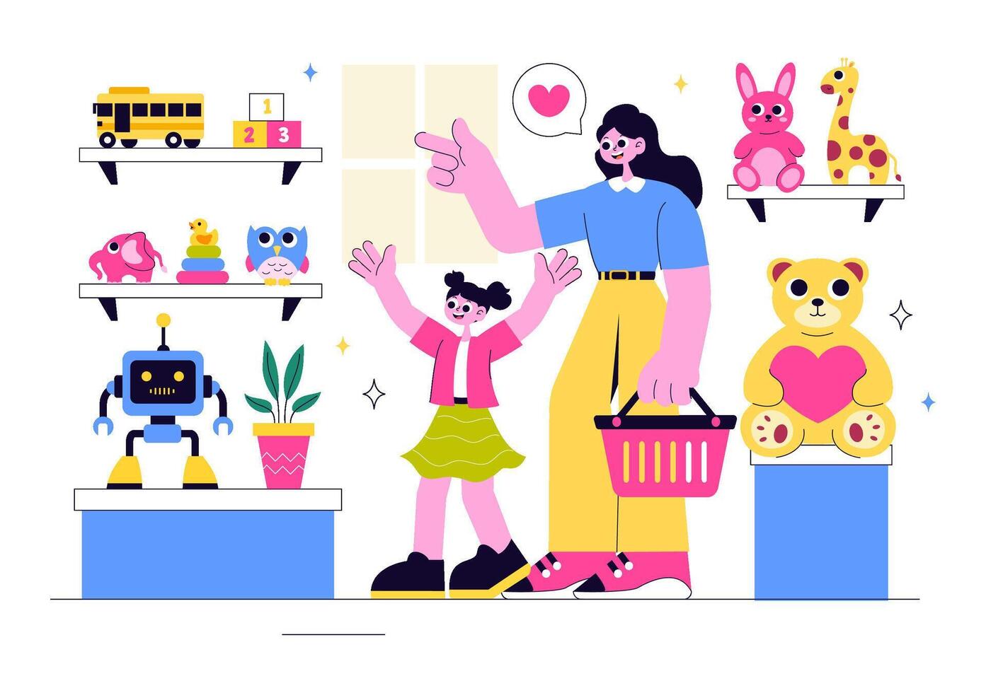 Illustration of a Toy Store with Rocket Toys, Teddy Bears, and Train Sets in a Flat Style vector