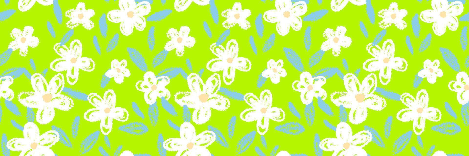 Seamless floral pattern with playful crayon style flowers and leaves on a vibrant green background. Template for kids textiles, stationery, wrapping paper, and cheerful designs vector