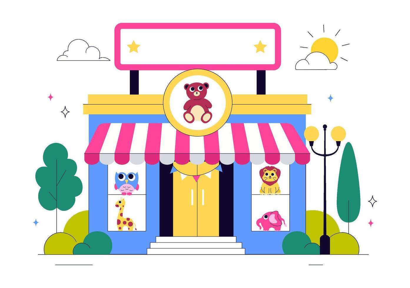Happy Children's Toy Store Art with Various Classic Toys in Flat Style vector
