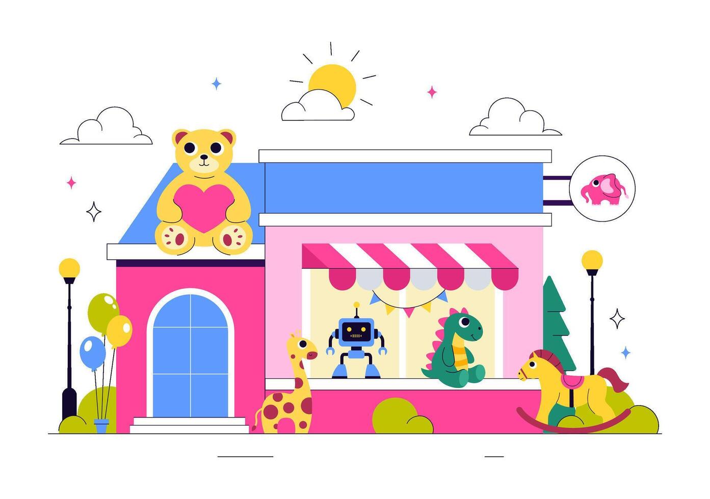 Illustration of a Colorful Toy Store with Teddy Bears, Toy Cars, Trains, and Kites in a Flat Cartoon Background vector