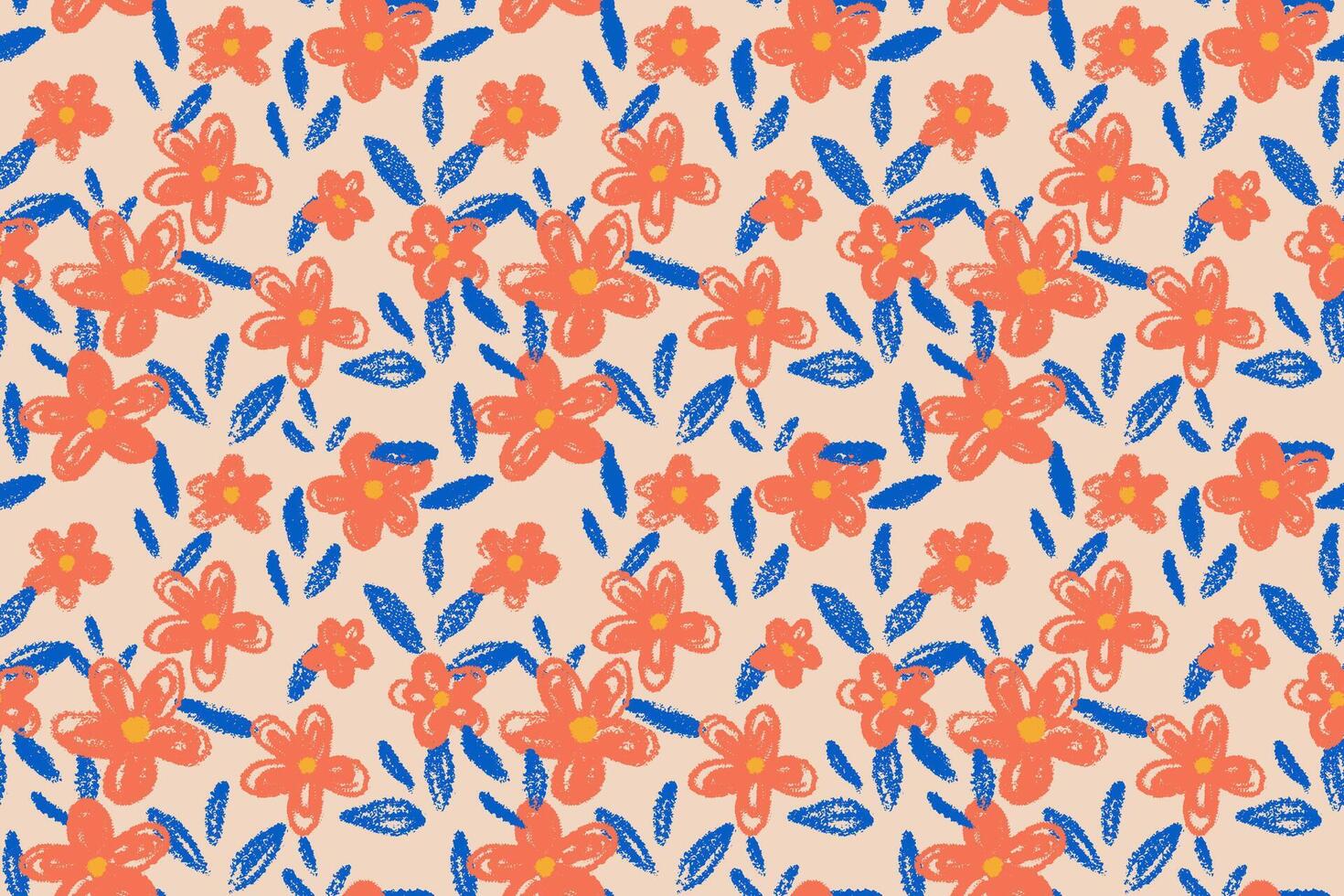 Seamless floral pattern with hand drawn orange flowers and blue leaves on a light beige background. Playful and artistic design for fabric, packaging, and stationery vector