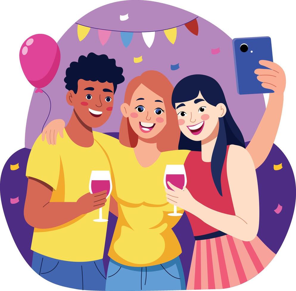 A flat style illustration showing friends taking pictures vector