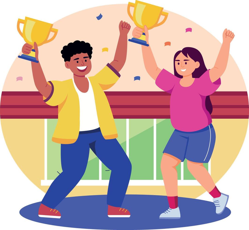 A flat style illustration showing friends enjoying victory vector