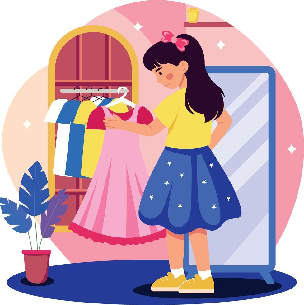 A flat style illustration showing a kid picking dress vector